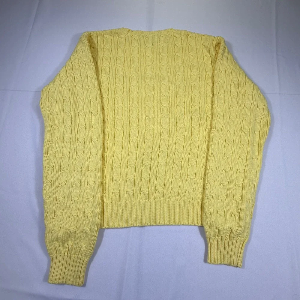 Ralph Lauren Yellow Cable Knit Cotton Sweater XL Blue Pony Crew Neck Long Sleeve